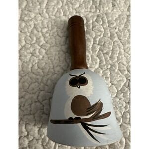 Tesa Owl Clay Bell Southwest Style Handpainted Wood Handle Blue